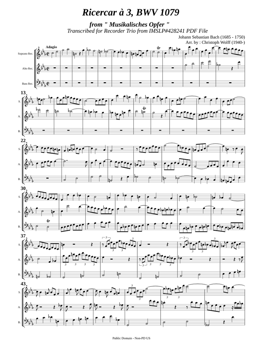 Bach, J. S. _ Ricercare a 3, BWV1079 [3 Recorders] Sheet music for ...