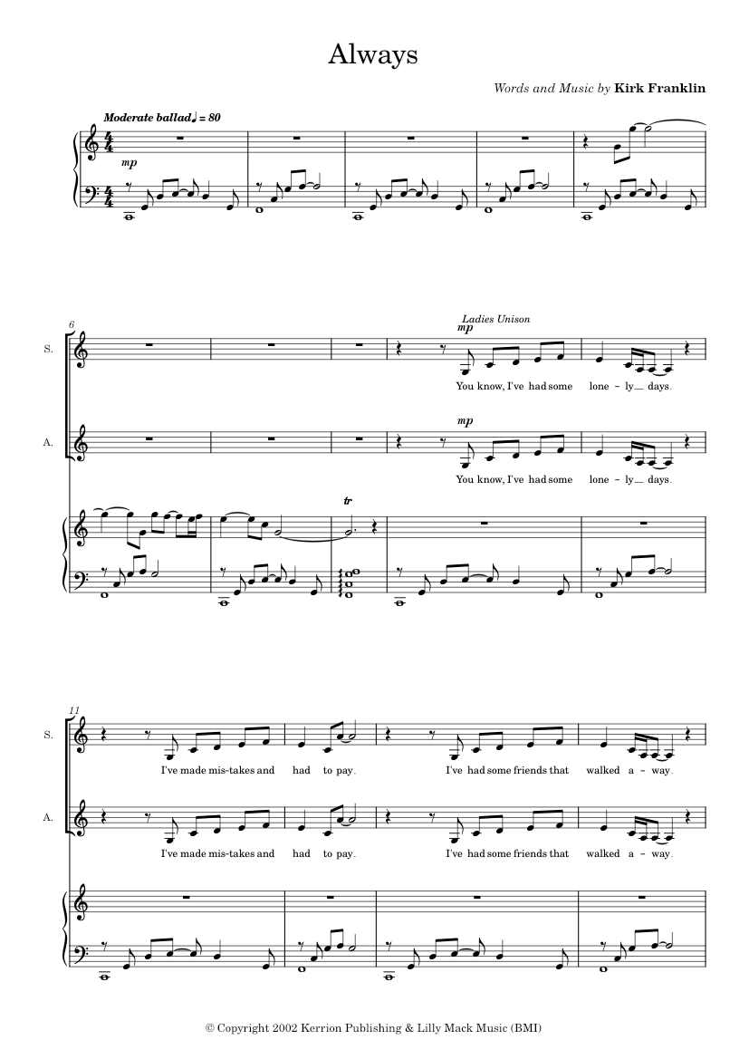 Always Kirk Franklin Sheet Music For Piano Soprano Alto Tenor Always kirk franklin sheet music for piano soprano alto tenor