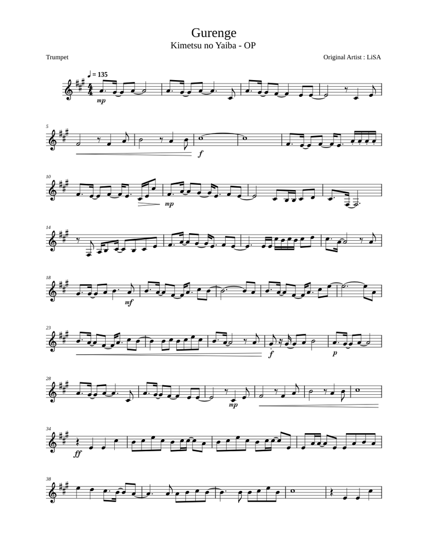 Gurenge LiSA Trumpet Solo Sheet Music For Trumpet In B flat Solo Musescore