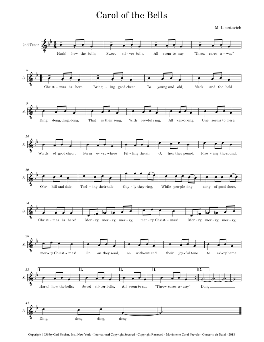 Carol of the Bells – Mykola Leontovych Sheet music for Soprano (Men’s ...