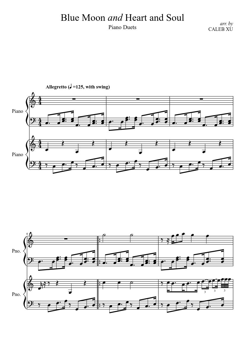 Blue Moon and Heart and Soul Piano Duets Sheet music for Piano (Piano Duo)  | Musescore.com