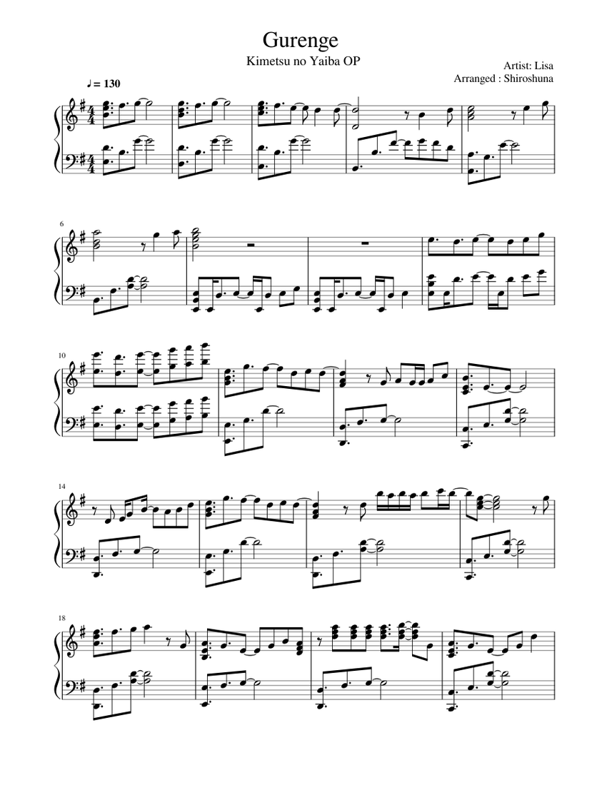 Kimetsu no Yaiba OP - Gurenge (Sheet Music PDF)