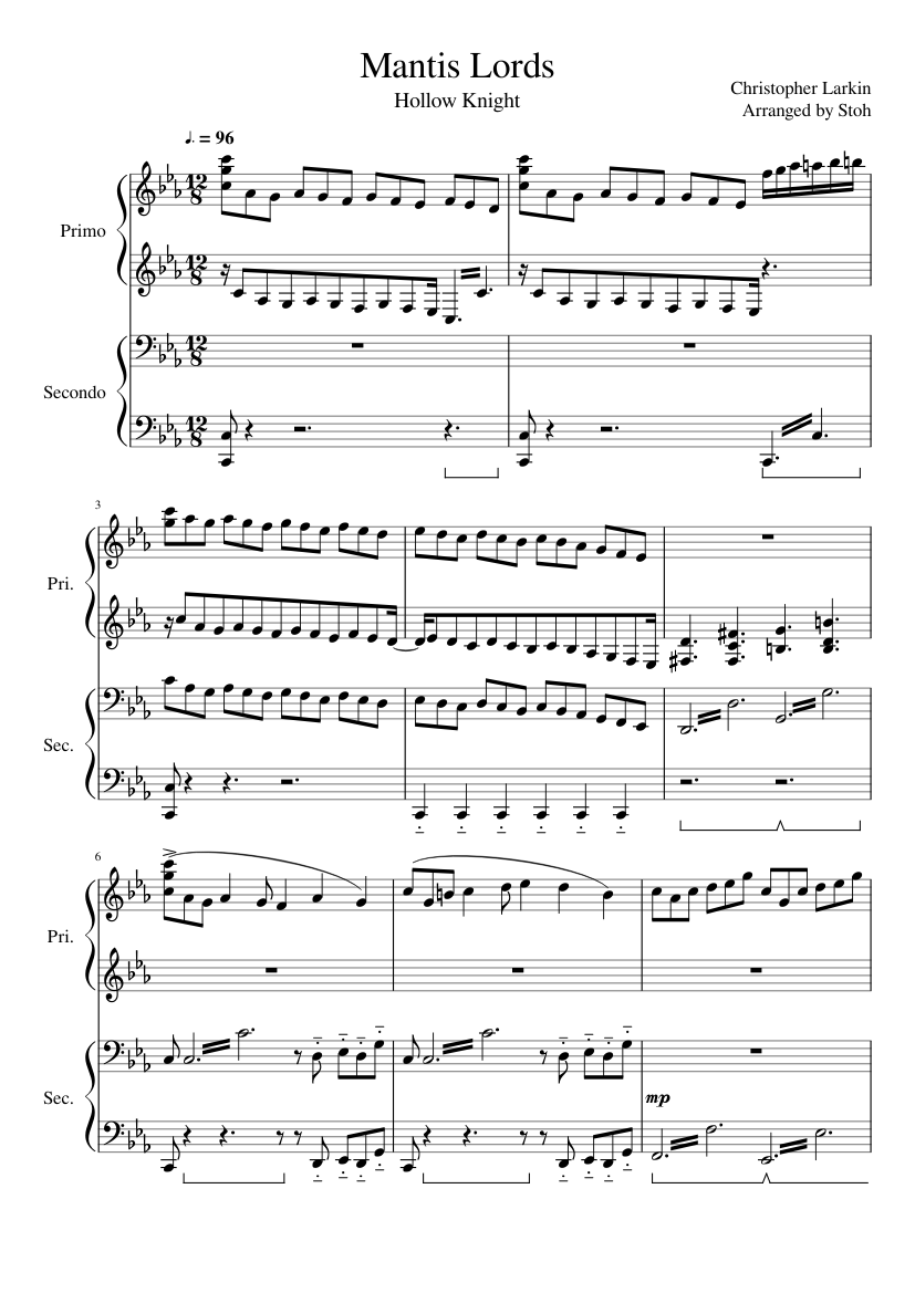 Hollow Knight Mantis Lords Piano 4 Hands Sheet Music For Piano Piano Duo Musescore Com