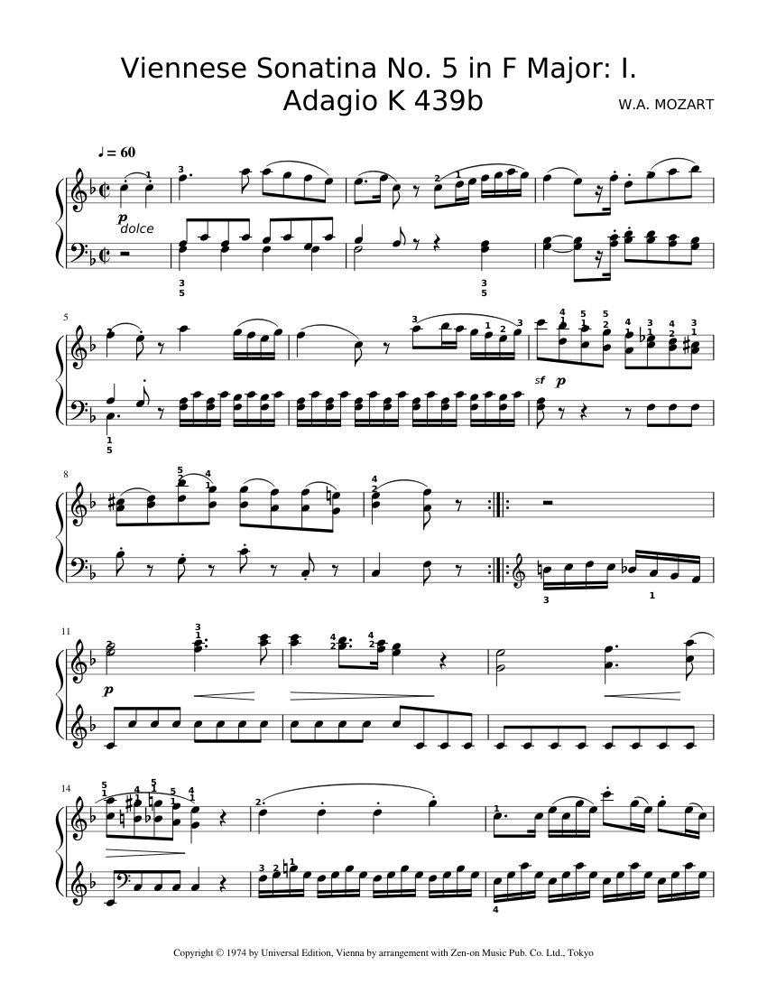 Viennese Sonatina No 5 in F Major I Adagio K 439b - Mozart Sheet music for  Piano (Solo) | Musescore.com