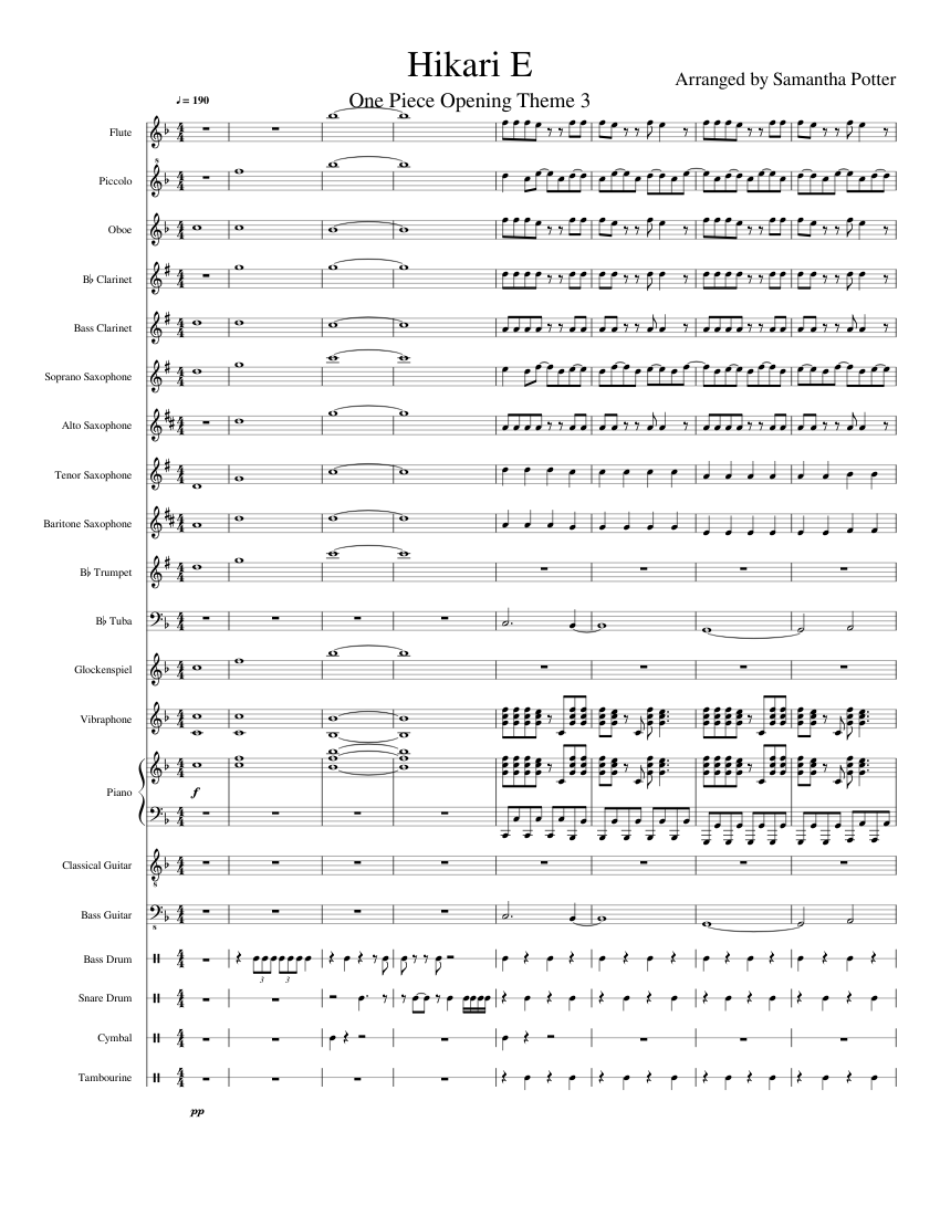 Hikari E (One Piece Opening 3) Sheet music for Piano, Tuba, Tambourine,  Flute piccolo & more instruments (Mixed Ensemble) | Musescore.com