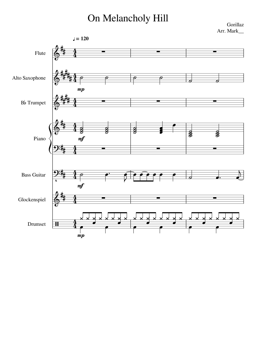 On Melancholy Hill - Gorillaz Sheet music for Piano, Flute, Trumpet other  (Mixed Trio) | Musescore.com