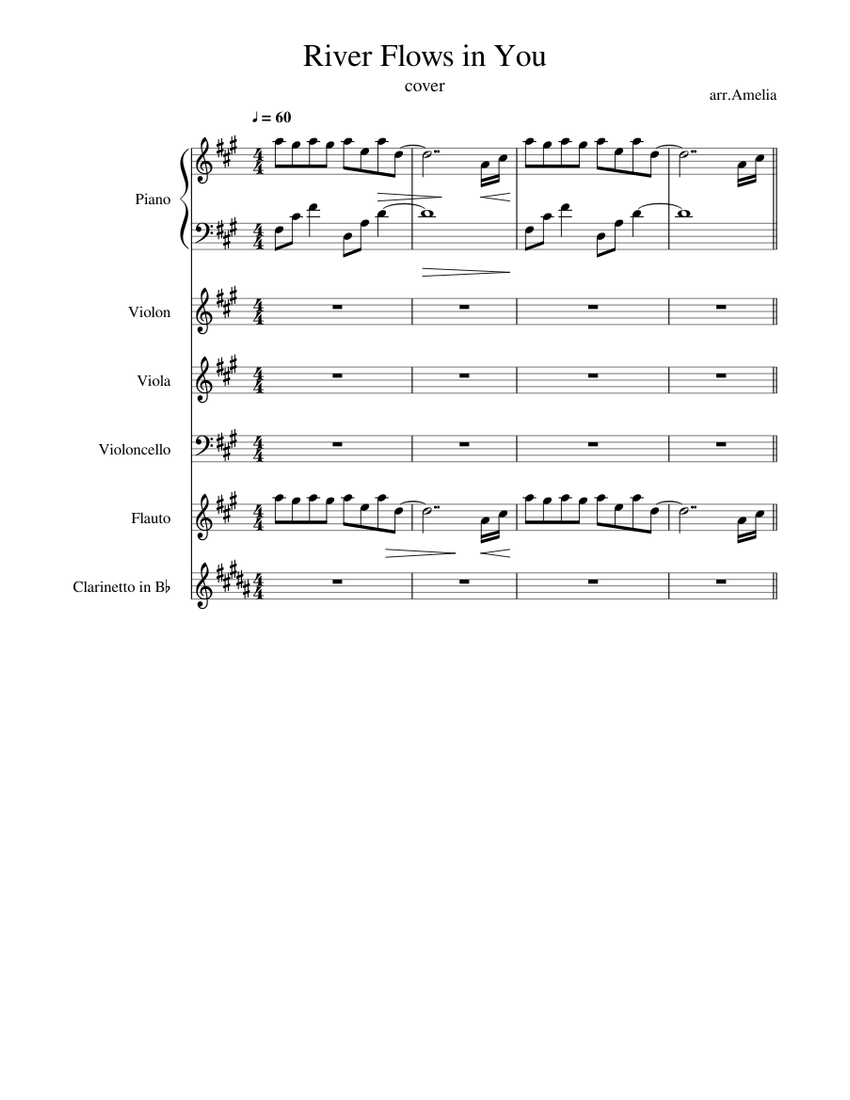 River Flows in you Sheet music for Piano, Violin, Flute, Clarinet (In B