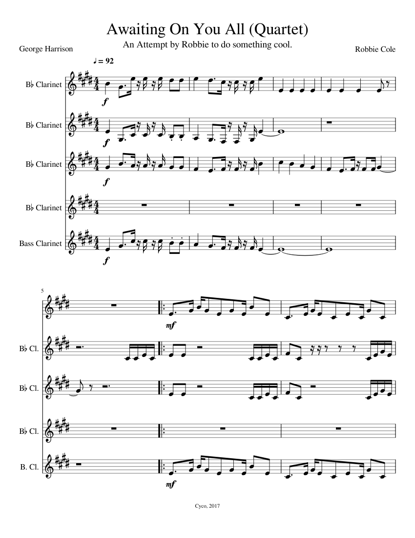 Awaiting On You All (Clarinet Quartet Version) Sheet music for Clarinet in  b-flat, Clarinet bass (Mixed Quintet) | Musescore.com