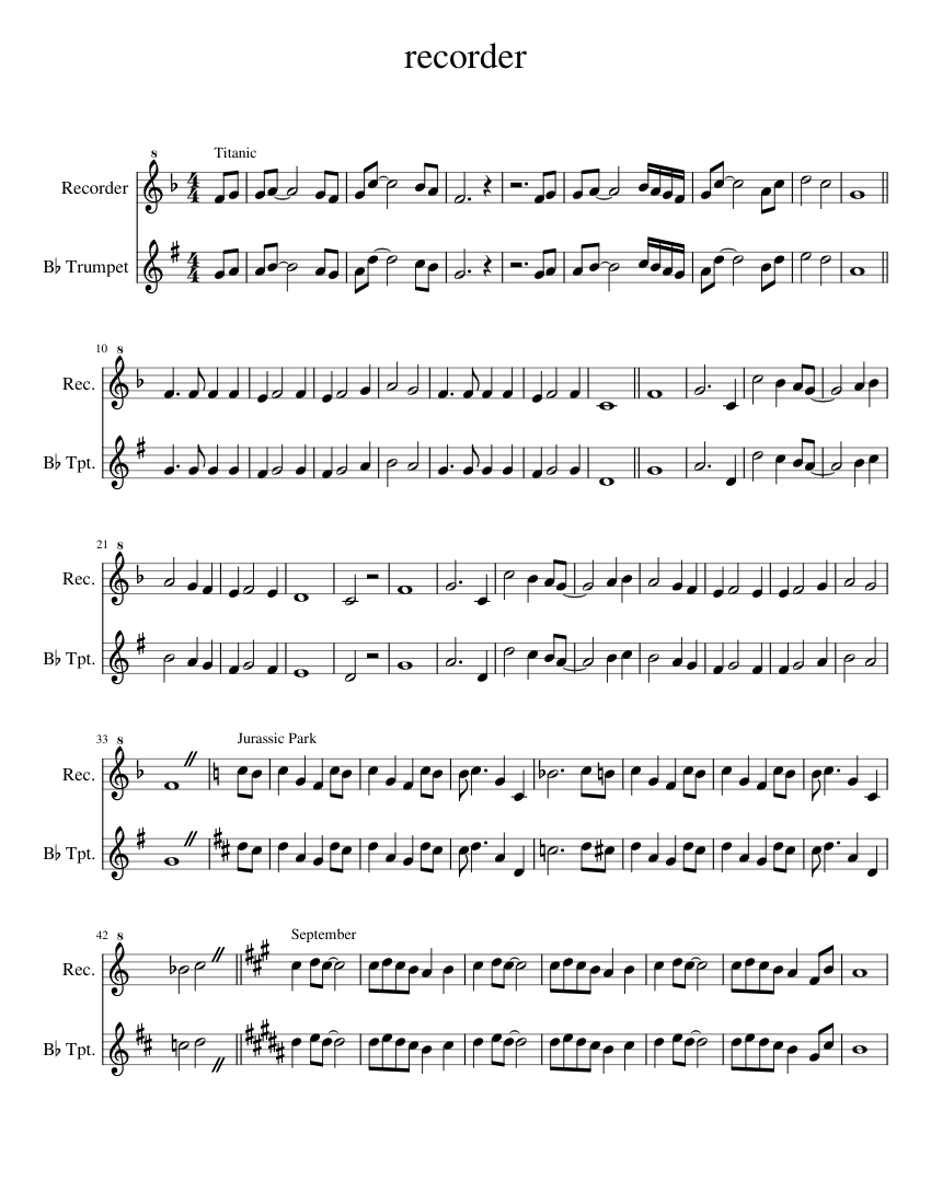recorder Sheet music for Trumpet (In B Flat), Recorder (String Sextet