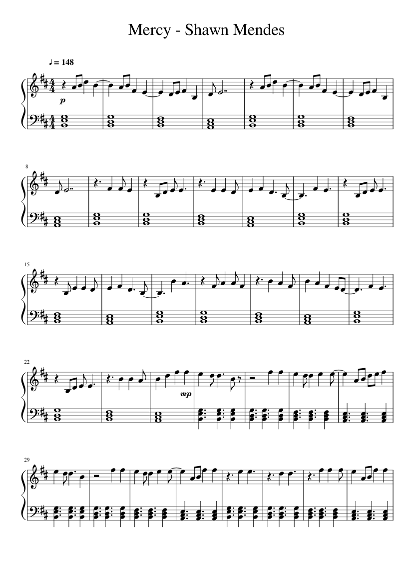 Mercy Shawn Mendes Sheet Music For Piano Solo Musescore Com