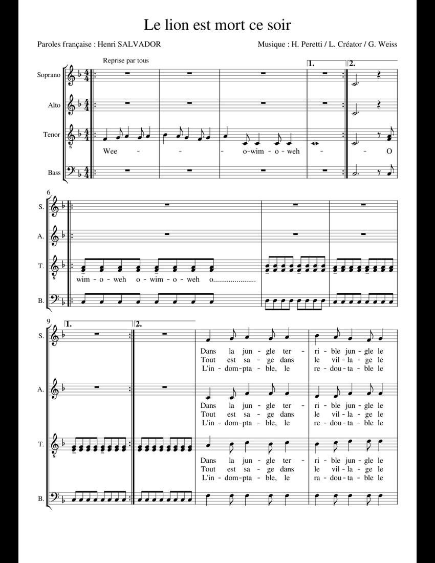 Le lion est mort ce soir sheet music for Piano download free in PDF or MIDI - Parole Du Lion Est Mort Ce Soir