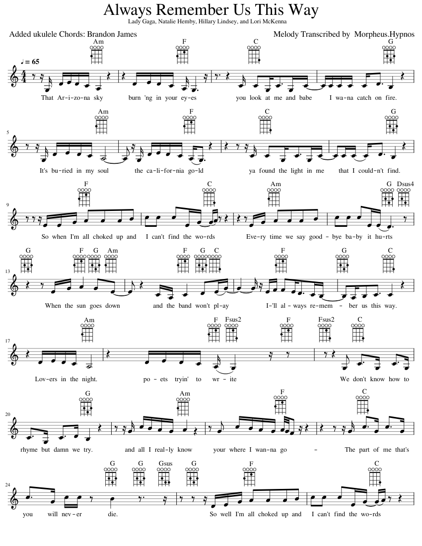 Always Remember Us This Way Lady Gaga Chords Always Remember Us This Way - Lady Gaga - added ukulele chord diagrams Sheet music for Vocals