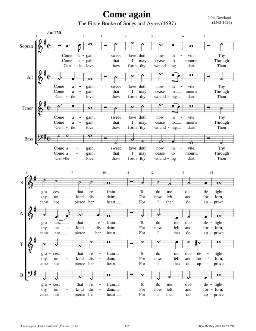 Come Again Sheet Music For Bass SATB Musescore