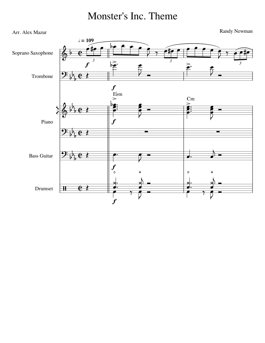 Monster's Inc. Theme sheet music for Piano, Soprano Saxophone, Trombone