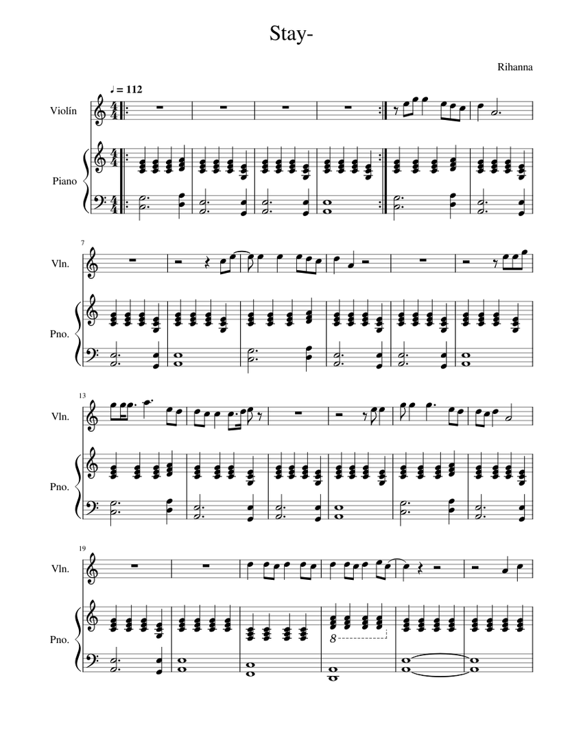 Stay - Rihanna Sheet music for Violin, Piano | Download free in PDF or