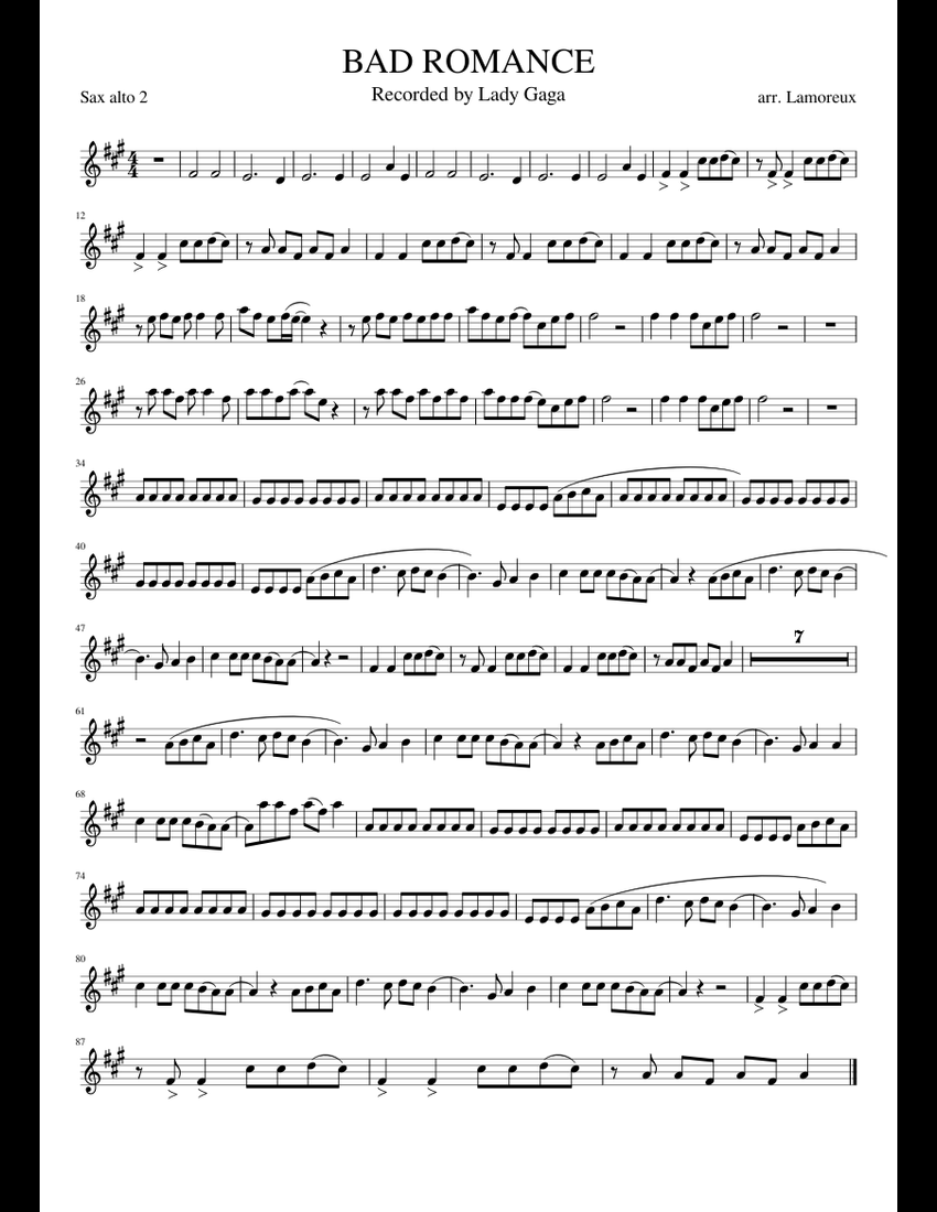 BAD ROMANCE sheet music for Alto Saxophone download free in PDF or MIDI