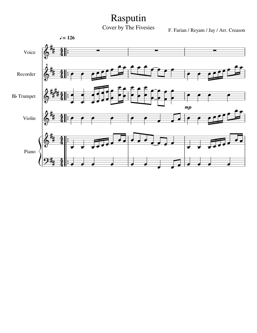 Rasputin Sheet music for Piano, Trumpet (In B Flat), Violin, Vocals