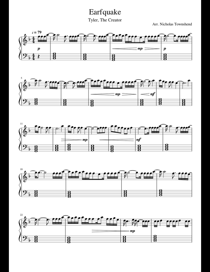 Earfquake - Tyler, The Creator sheet music for Piano download free in