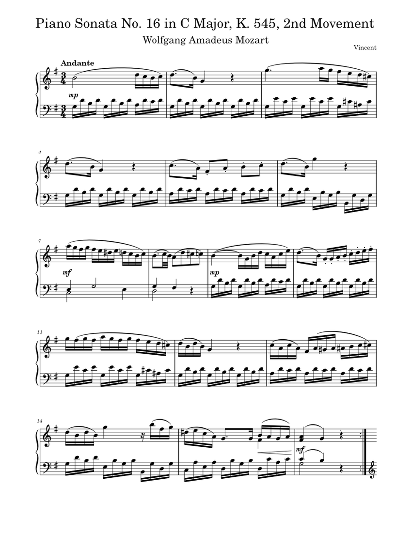 Mozart - Piano Sonata No. 16 in C Major, K. 545, 2nd Movement Sheet