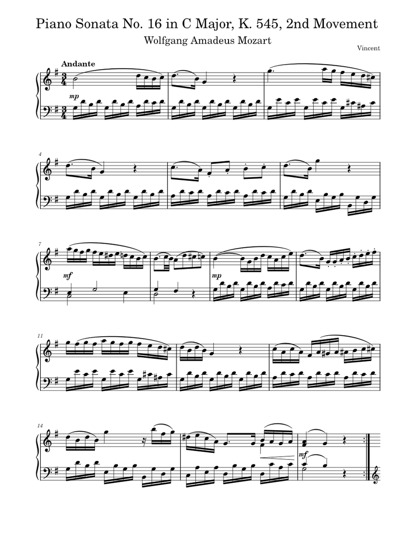 Piano Sonata No. 16 in C Major, K. 545, 2nd Movement sheet music for ...