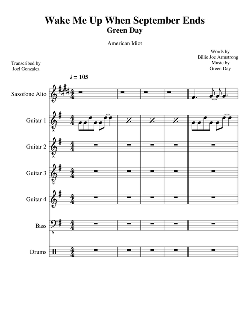 Wake Me Up When September Ends - Green Day Sheet music for Drum Group,  Saxophone (Alto), Guitar, Bass & more instruments (Mixed Ensemble) |  Musescore.com