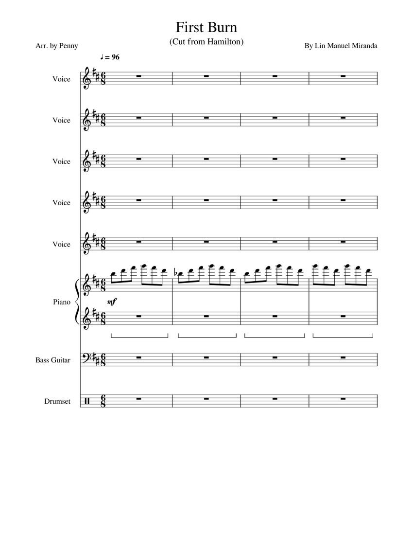First Burn - Hamilton Sheet music for Piano, Voice, Bass, Percussion