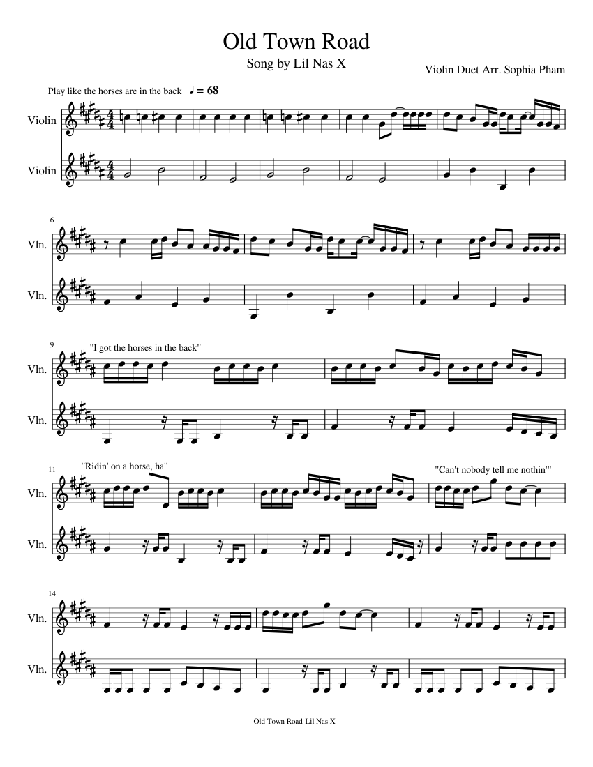 Old Town Road Violin Duet Sheet Music For Violin Download Free