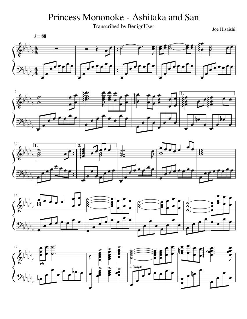 Princess Mononoke - Ashitaka and San Sheet music for Piano (Solo