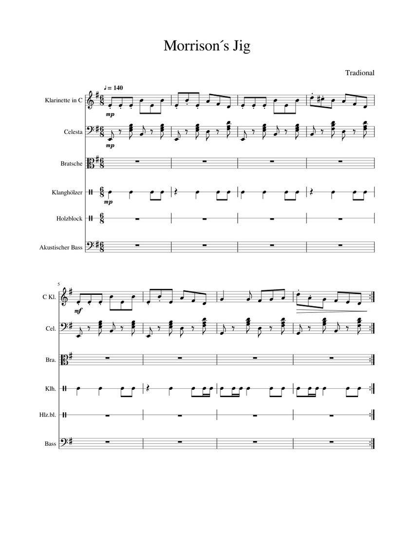 Morrison´s Jig Sheet music for Clarinet, Percussion, Viola, Bass ...