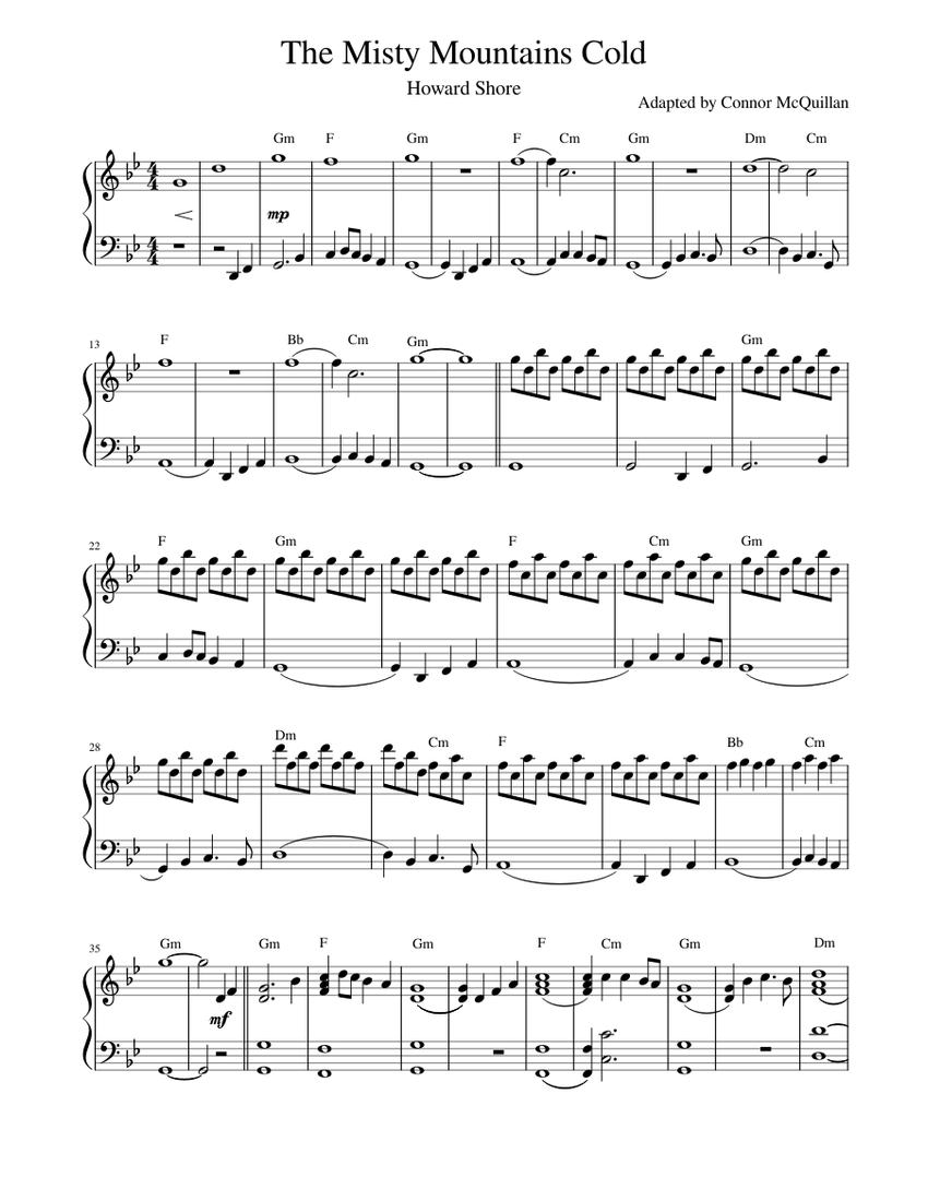 The Misty Mountains Cold Lord Of The Rings - Piano Solo Sheet music for