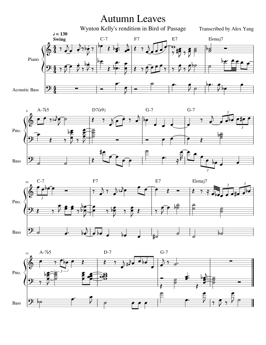 Autumn Leaves [Transcription] sheet music for Piano, Bass download free