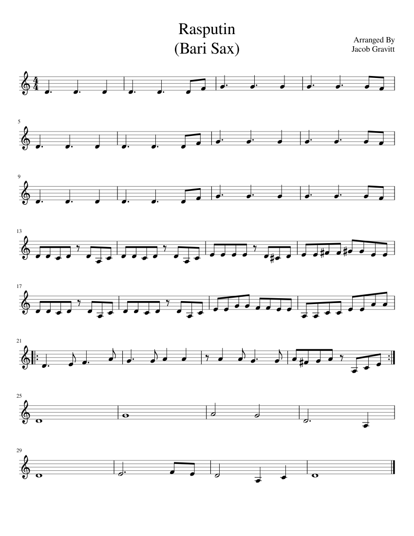 Rasputin Bari Sax Sheet music for Piano | Download free in PDF or MIDI