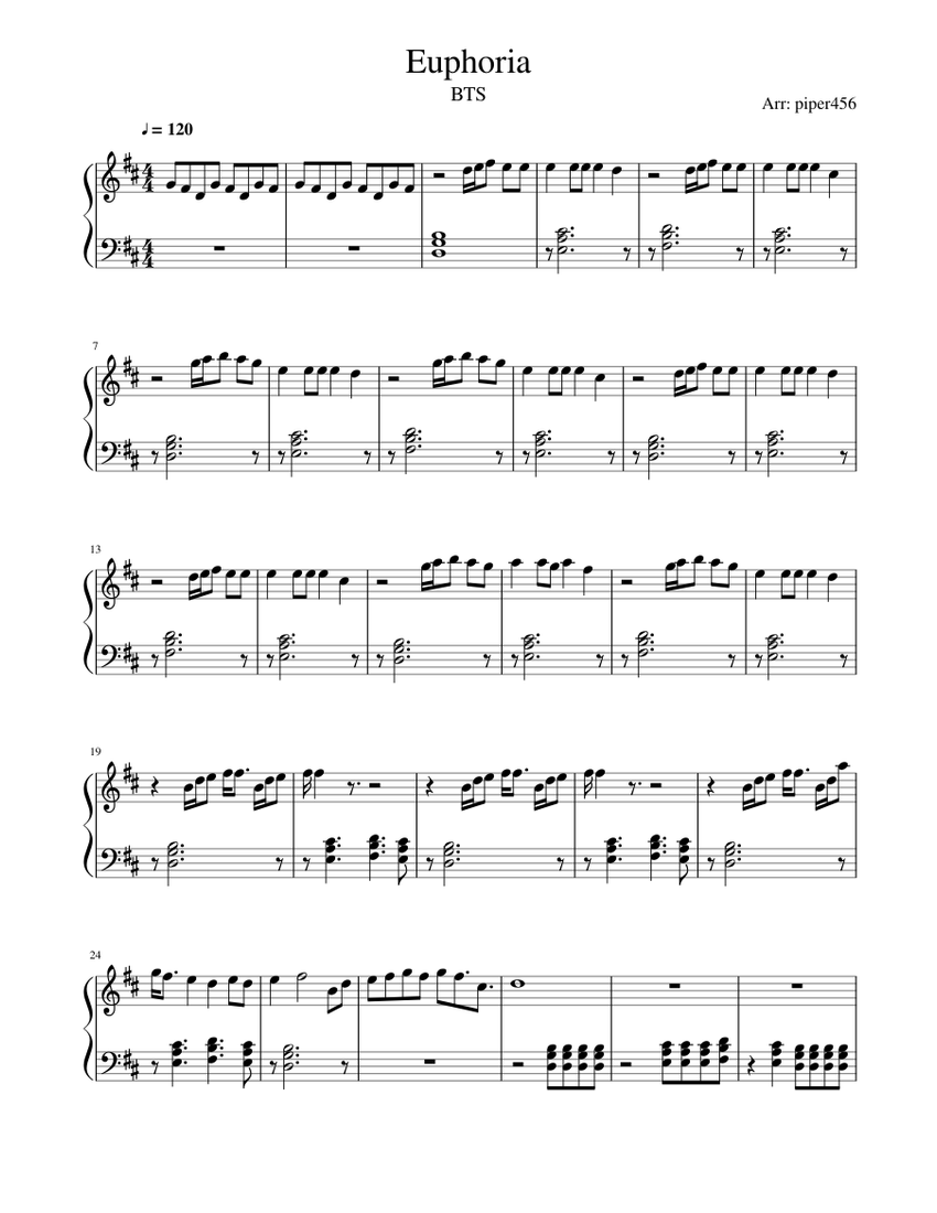 Bts Euphoria Sheet Music For Piano Solo Musescore Com - bts roblox piano keyboard