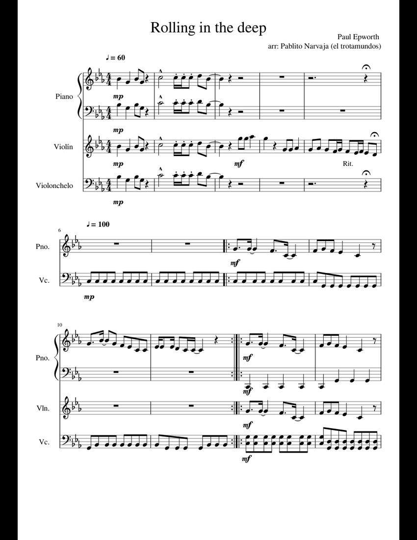 Rolling in the deep sheet music for Piano, Violin, Cello download free ...