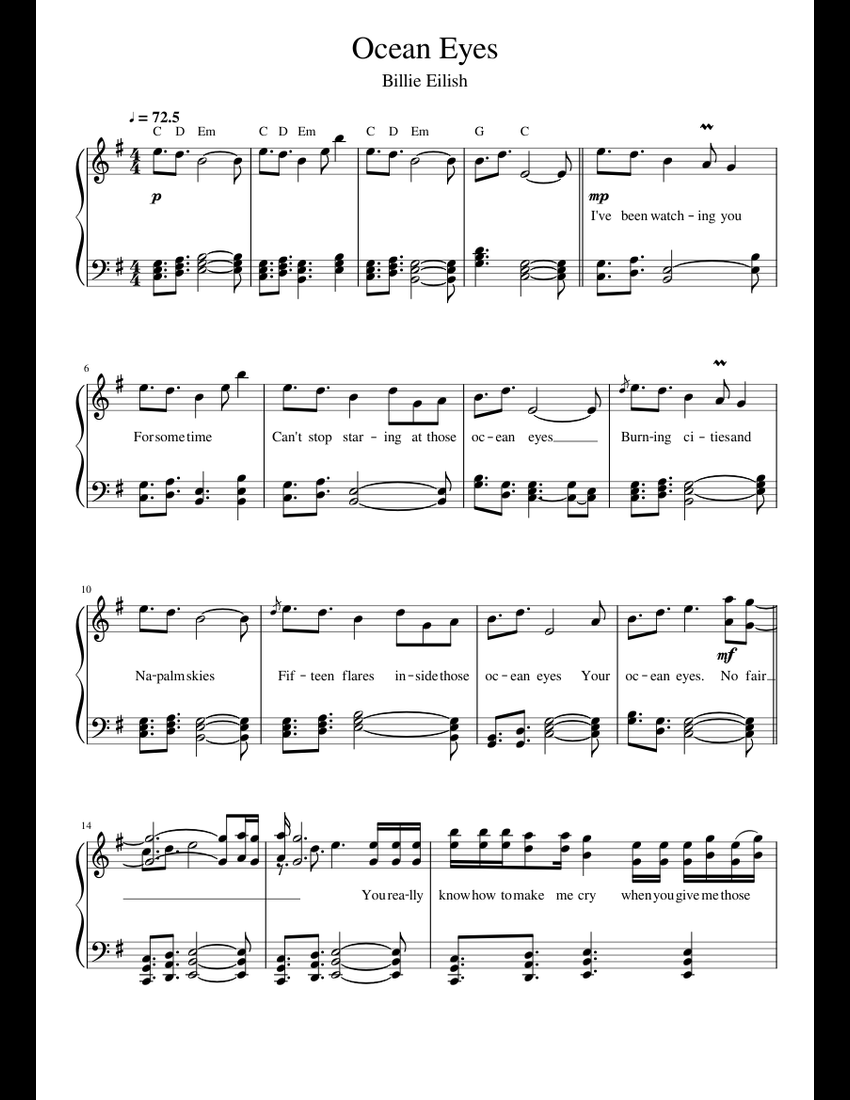 Ocean Eyes Billie Eilish sheet music for Piano download