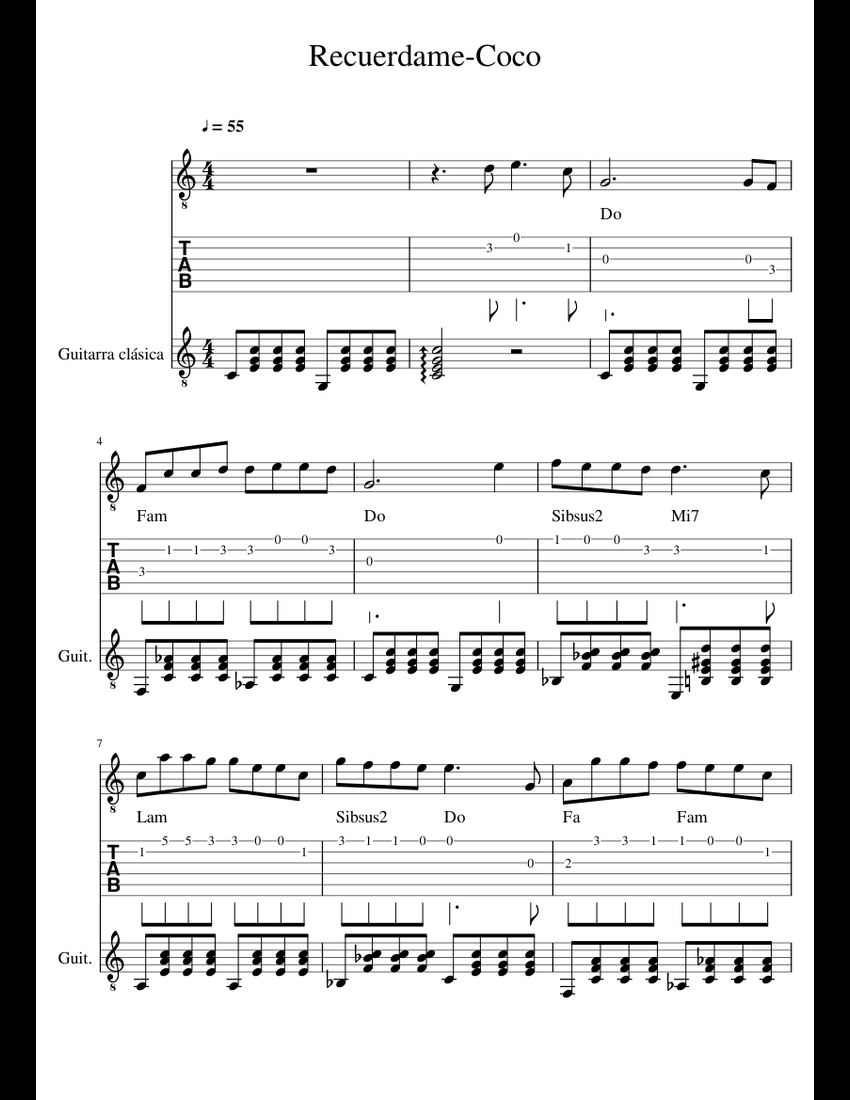 Recuerdame Coco sheet music for Guitar download free in PDF or MIDI