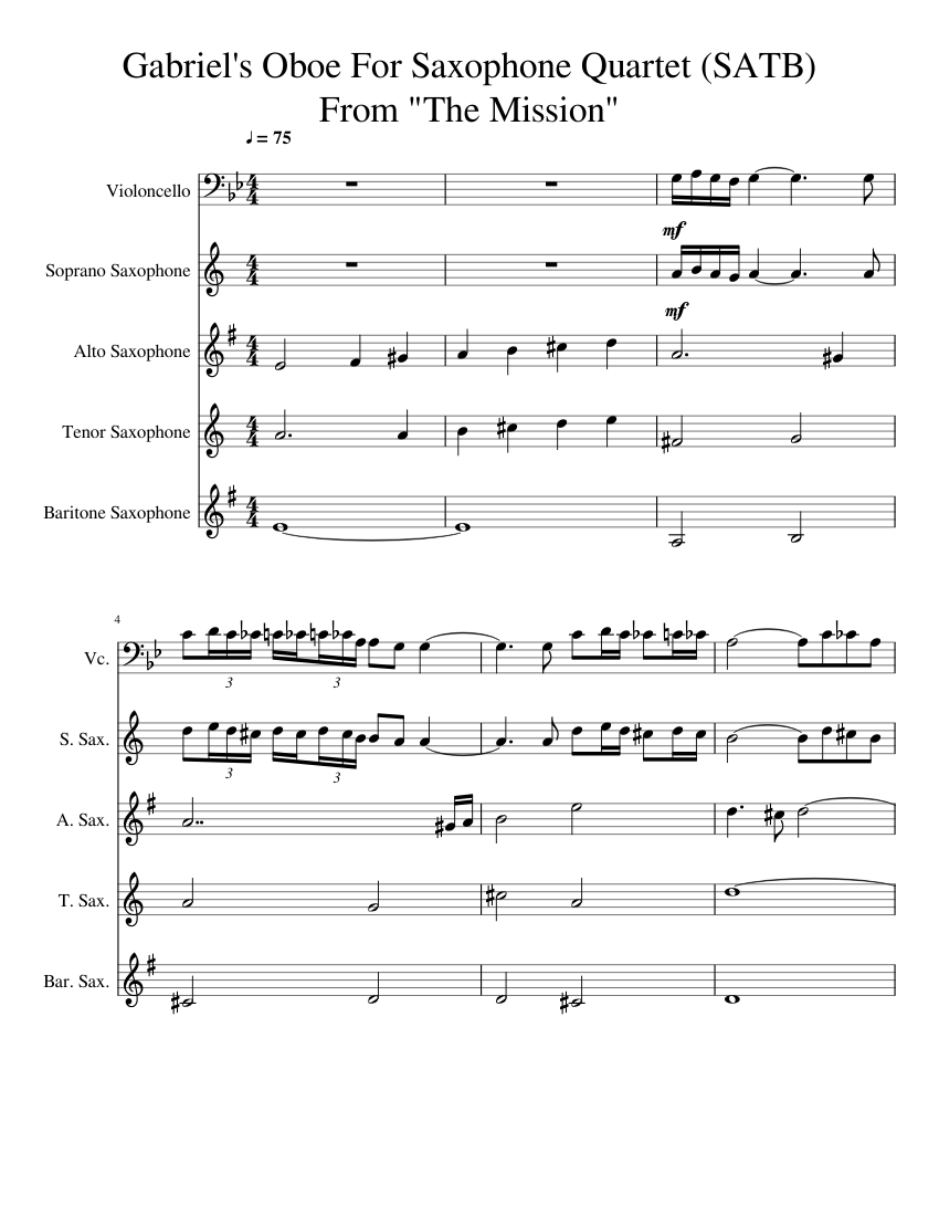 Gabriel's Oboe For Sax Quartet sheet music for Cello, Soprano Saxophone
