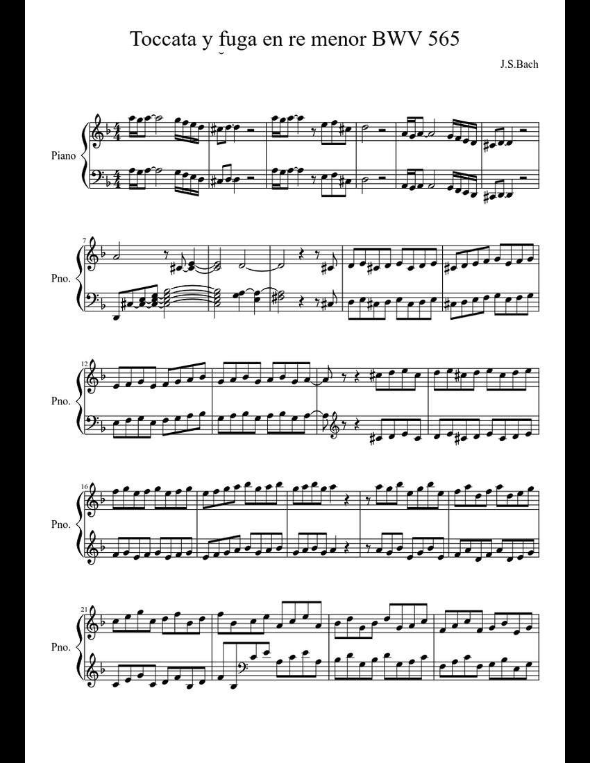 Toccata y fuga en re menor BWV 565 sheet music download free in PDF or MIDI