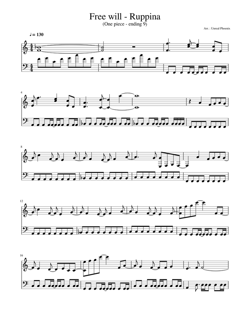 Free Will Ruppina One Piece Ending 9 Sheet Music For Piano Solo Musescore Com