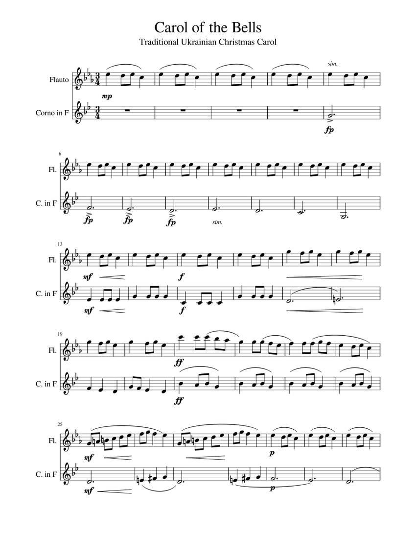 Carol of the Bells Sheet music for Flute, French Horn | Download free in PDF or MIDI | Musescore.com