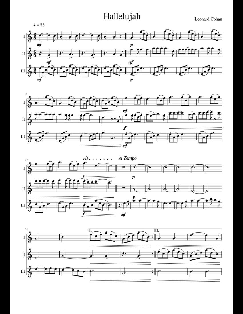 Hallelujah Flute Trio sheet music for Flute download free in PDF or MIDI