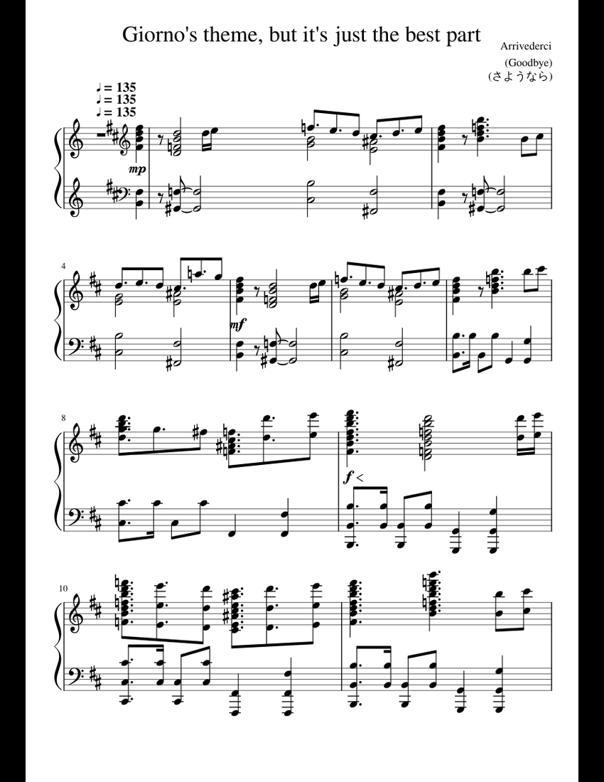 Giorno's theme, but it's just the best part sheet music for Piano