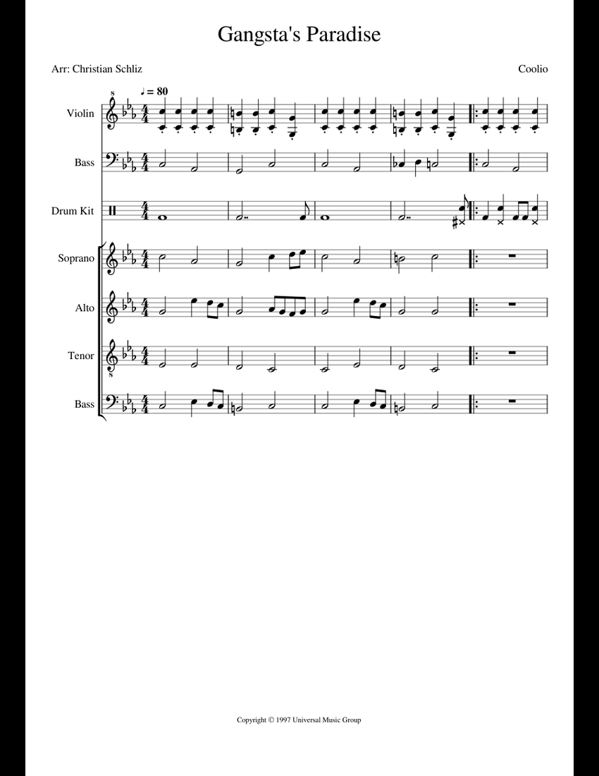 Gangsta's Paradise sheet music for Violin, Bass, Percussion, Voice