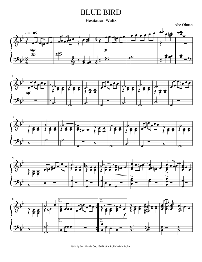 BLUE BIRD-Hesitation Waltz, by Abe Olman Sheet music for Piano (Solo