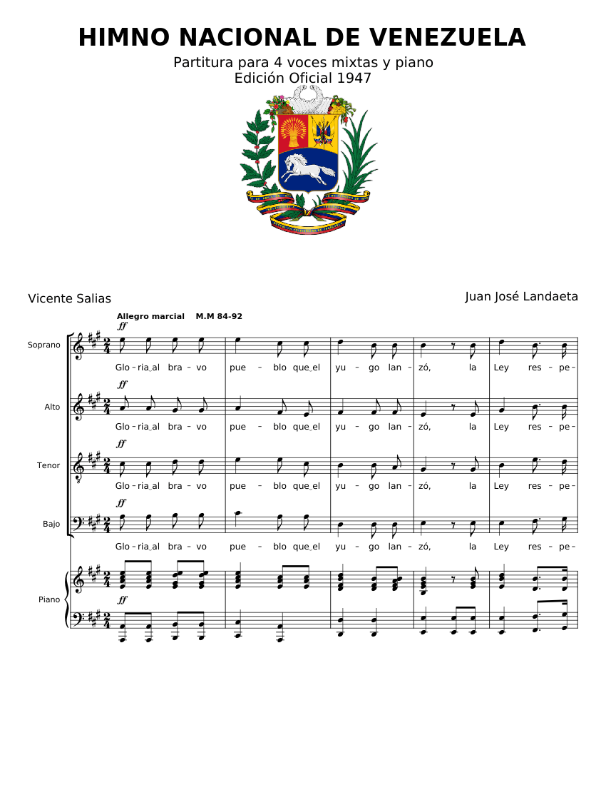 Himno Nacional De Venezuela National Anthem Of Venezuela Piano And