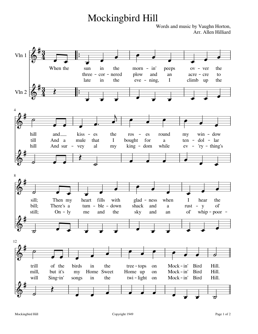 Mockingbird Hill sheet music for Violin download free in PDF or MIDI