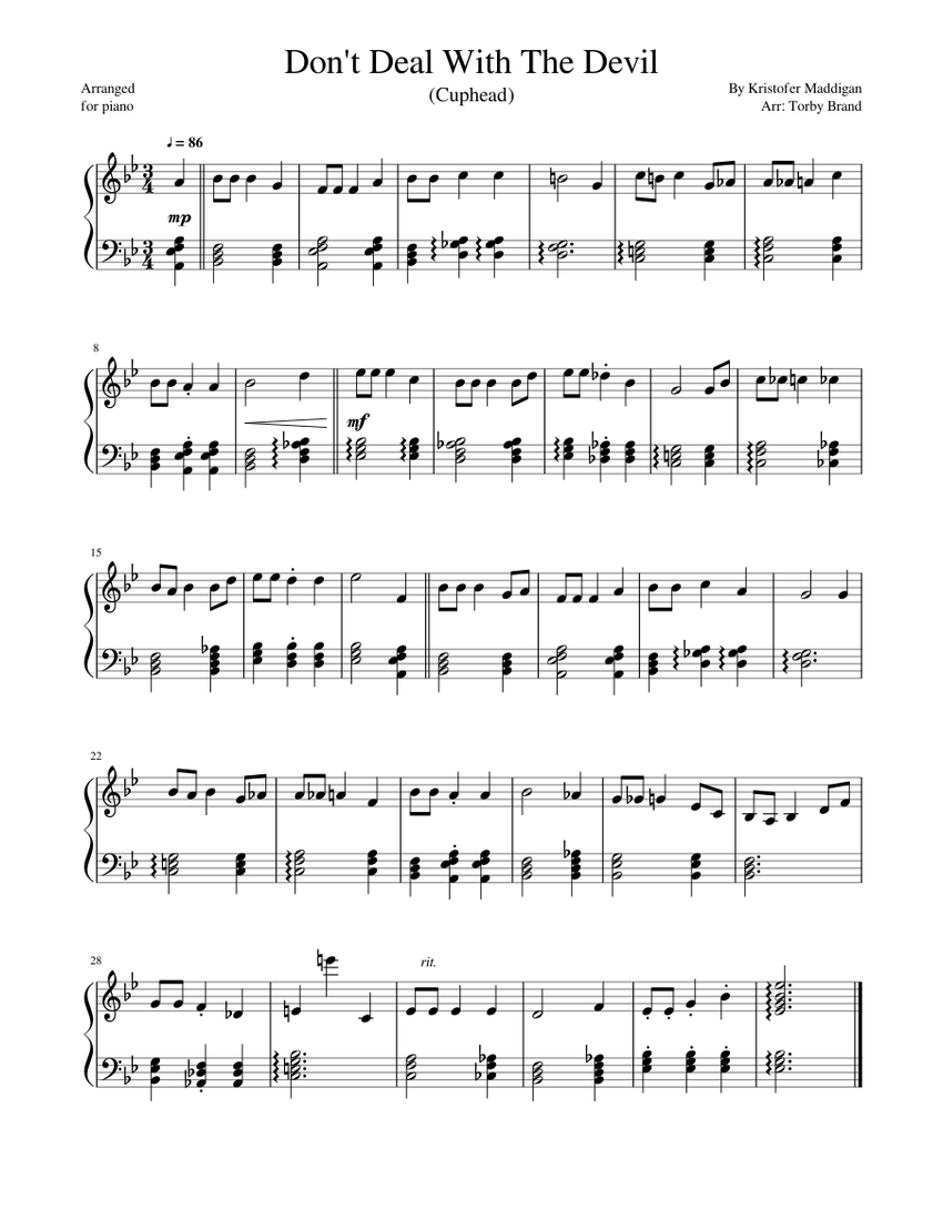 Don T Deal With The Devil Cuphead Sheet Music For Piano
