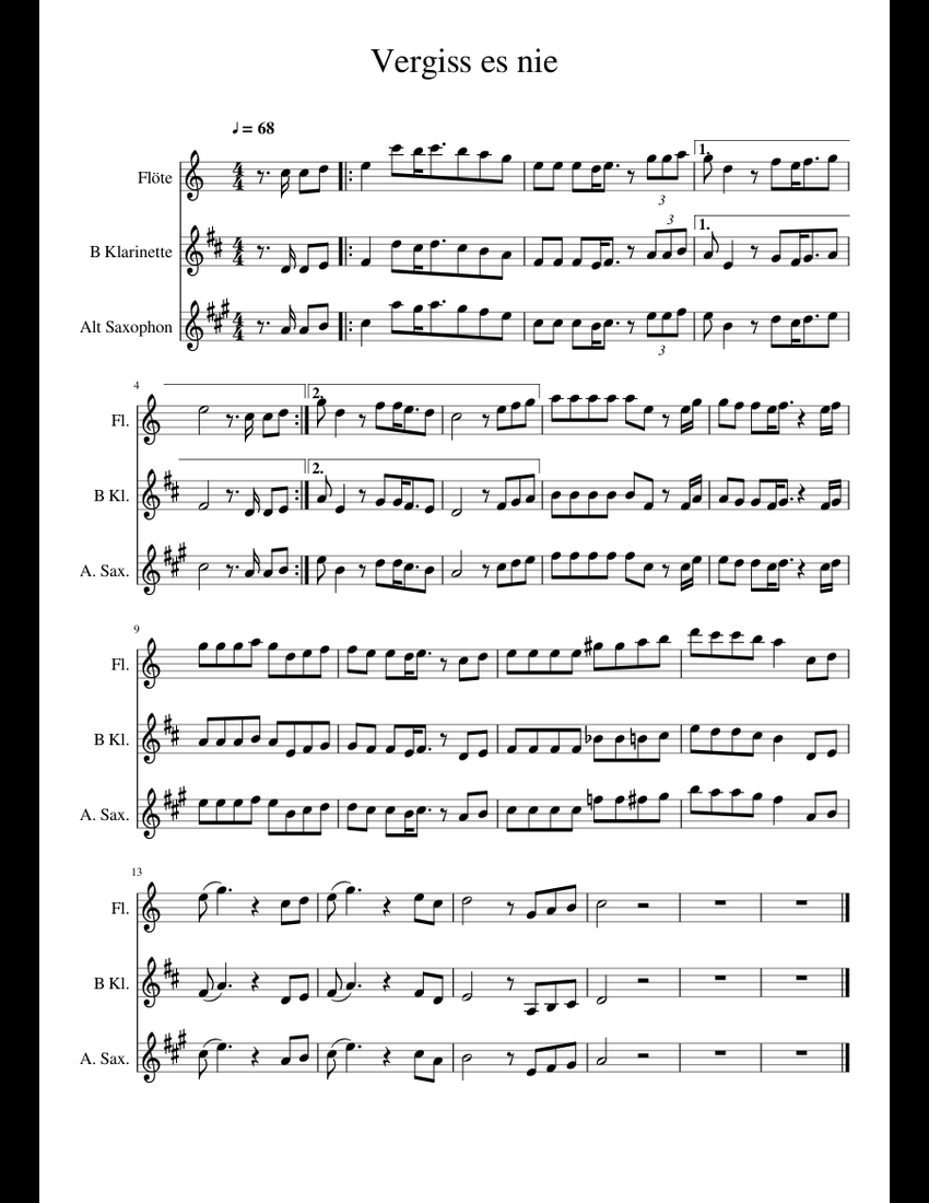 Vergiss es nie sheet music for Flute, Clarinet, Alto Saxophone download