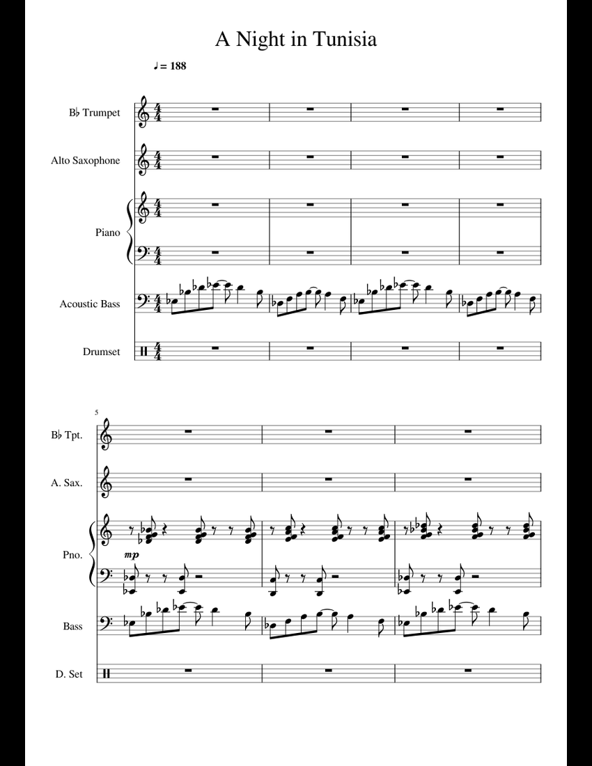A Night in Tunisia sheet music for Piano, Trumpet, Alto Saxophone, Bass ...