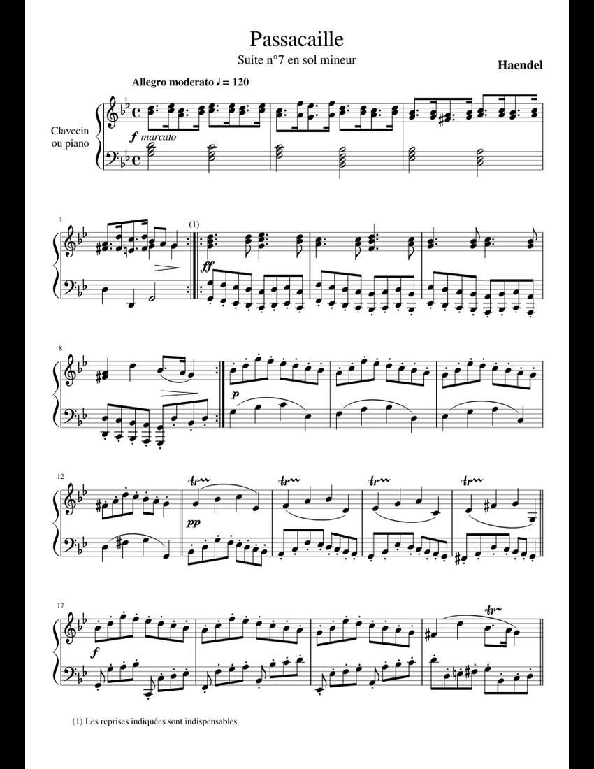 Passacaille - Haendel sheet music for Piano download free in PDF or MIDI